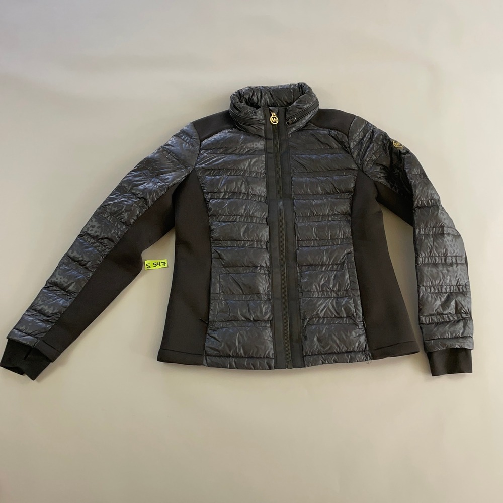 Michael Michael Kors Womens Leopard Print Down Puffer Jacket Black Size Large